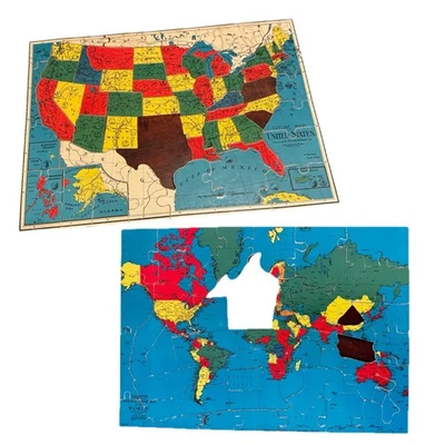 Vintage Milton Bradley USA Map States World Puzzle Replacement Pieces Crafts 30s - Image 1 of 4