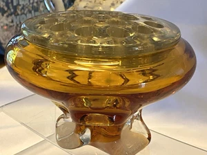Vintage Amber Glass Footed Oval Dish Large Fitted Flower Frog Set - Picture 1 of 14
