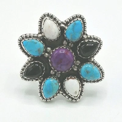 Large Multi Color Turquoise Stone Flower  925 Sterling Silver Adjustable Ring - Image 1 of 4