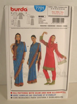 Burda 7701 Indian Sari - Top, Skirt, Pants & Shawl Misses' 8-20 Pattern Uncut - Image 1 of 2