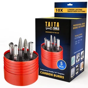 5pc Carbide Burr Set 1/4" Shank Tungsten Double Cut Rotary Die Grinder Bits -... - Picture 1 of 7