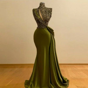Green Satin Sequins Mermaid Evening Party Celebrity Dress Shower Party New Gown - Picture 1 of 3