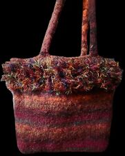 Felted Wool Shoulder Bag Purse Maroon Orange Fall Autumn Knit Fringe Boho Artist