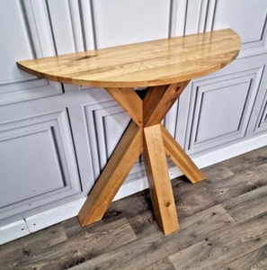 Rustic Solid Oak Wooden Scandinavian Hall Half Moon Console Table - X Star Base - Picture 1 of 24