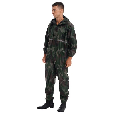 Men's Hooded Raincoat Waterproof Rain Suit Reflective Jumpsuit Zipper Coveralls - Image 1 of 4