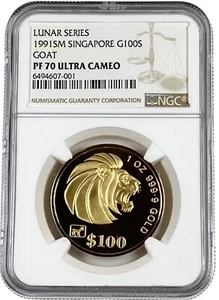 TOP POP 1991 Singapore 1oz Lunar Goat 100 Singold Proof Gold Coin NGC PF 70 UC - Picture 1 of 2