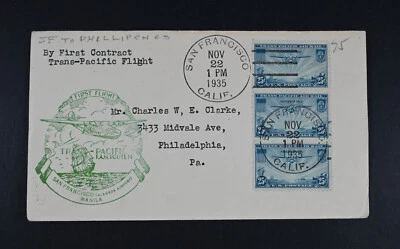 Nov 22, 1935 FDC USA Scott # C20 Stamps Used VF Cover Air Mail to Philippines - Image 1 of 2