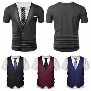 Casual Short Sleeve Fake Suit T-Shirt Vest & Tie Printed Tuxedo Shirt for Men