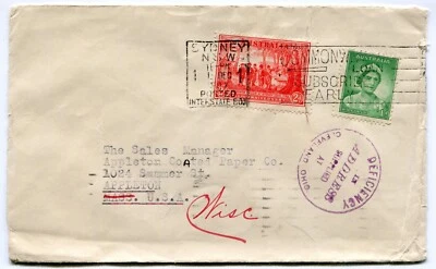 1937/1938 - Australia Cover Sydney to Appleton, WI - Deficiency in Address  - Image 1 of 2