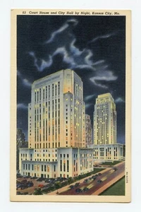 Court House and City Hall by Night, Kansas City, MO Linen Postcard - Picture 1 of 2