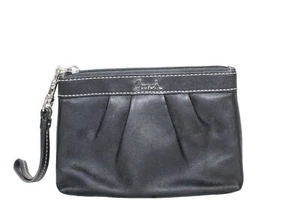 Coach Women's Black Leather Pleated Zippered Pouch Clutch Wristlet - Picture 1 of 9