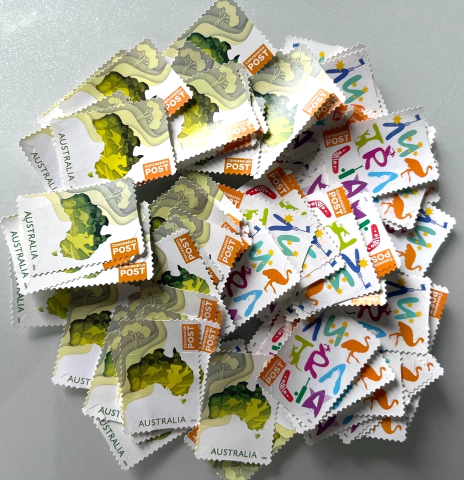 AUSTRALIAN STAMPS - 100 UNFRANKED CONCESSION STAMPS OFF PAPER - BULK - Image 1 of 1