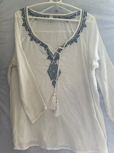 Old Navy Women's Top SZ XL White Gauze Cotton Blend Embroidered Boho Peasant - Picture 1 of 11