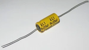 Condensatore elettrolitico assiale ECI 220 uF - 16 V DC - diametro 10 mm - cavi completi - Foto 1 di 5