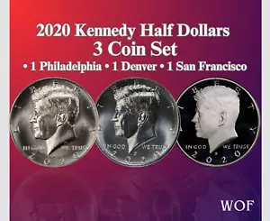 2020 P & D & S KENNEDY HALF DOLLAR 3 COIN SET NEW BU + PROOF ULTRA HEAVY CAMEO - Picture 1 of 3