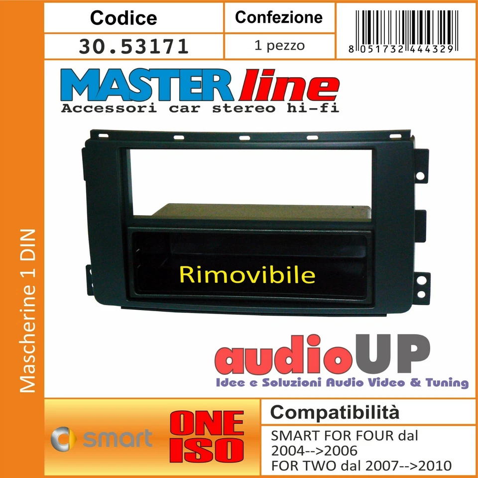 MASCHERINA AUTORADIO 1 DIN SMART FOR FOUR 04-->06 ADATTATORE UN DIN CON CASSETTO - Immagine 1 di 1