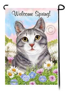 Welcome Spring Garden Flag - Blue and White Tuxedo Cat - Picture 1 of 1