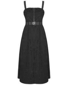 Punk Rave Cyberpunk Goth Pinafore Maxi Dress Black Belted Apocalyptic Side Slit