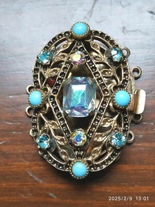GRANDE CHIUSURA FERMAGLIO PER COLLANA IN METALLO DORATO E PIETRE AZZURRE BIJOUX - Picture 1 of 5