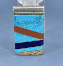 money clip turquoise coral lapis lazuli color inlay small silver tone 1-3/4"