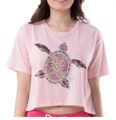 GUY HARVEY Womens Pink Mandala Turtle S/S Crop Top T-SHIRT  L (12-14)  NWT - Image 1 of 3