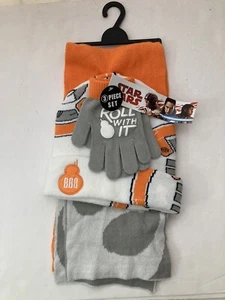 Star Wars BB8 Boy's 3 Piece pc Hat Scarf Gloves Set NWT OSFM Disney White,Orange - Picture 1 of 9