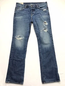 ABERCROMBIE & FITCH Boot Jean Men 36x36 Whisker Denim Blue Wide Leg Button Fly - Picture 1 of 18