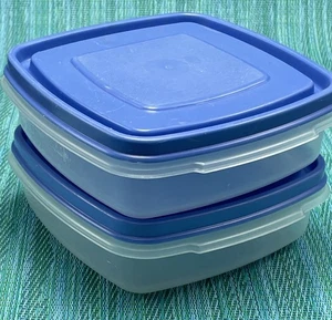 2 contenedores cuadrados Rubbermaid Servin Saver #1 transparentes con tapas azules tamaño sándwich - Imagen 1 de 10