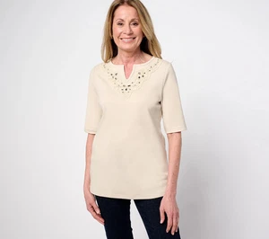 Quacker Factory Lace Embellished Split V Elbow Sleeve Top Women A690149 QVC - Picture 1 of 7