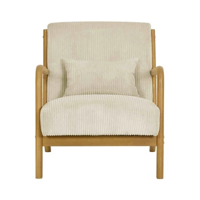 Wooden armrest lounge chair + lumbar cushion (beige), ribbed corduroy fabric - Image 1 of 4
