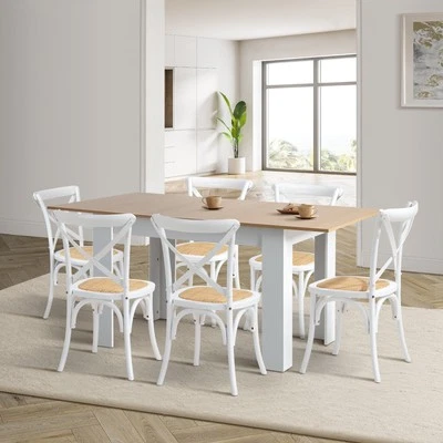 Oikiture 160cm Extendable Dining Table with 6PCS Dining Chairs Crossback White - image 1 of 4