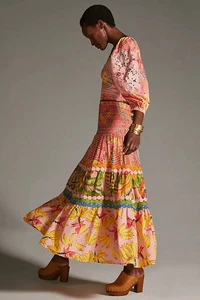Anthropologie Farm Rio Mixed Pink Prints Maxi Skirt Tiered Crochet XS NEW - Picture 1 of 4