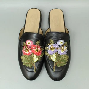 Gucci Horsebit Shoes Heel Sandals Pumps Fabric Leather Black Flower Embroider - Picture 1 of 18