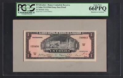 El Salvador 1 Colones 31-8-1964 P105p " Essay Face Proof" Uncirculated Grade 66 - Image 1 of 2