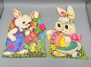 Troquelados de Pascua vintage 2 decoración conejos de Pascua blancos flores coloridas ADORABLES - Imagen 1 de 9