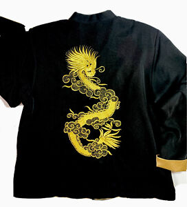 Mimi Vintage Black Gold Embroidered Dragon Chinese Jacket Mandarin Collar 7XL