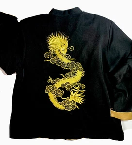 Mimi Vintage Black Gold Embroidered Dragon Chinese Jacket Mandarin Collar 7XL - Picture 1 of 11