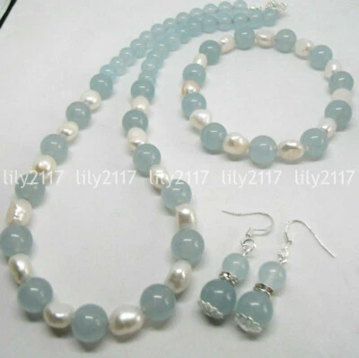 Juego de pendientes collar pulsera aguamarina perla barroca blanca natural de agua dulce Foto 1 de 3