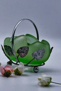 Art Nouveau BAGLEY VASE BASKET SMALL FROSTED GREEN GLASS & CHROME POSY VASE - Picture 1 of 10