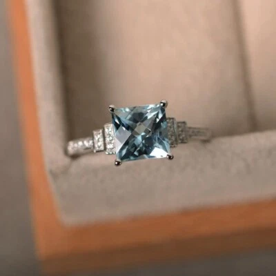 Anillo de compromiso de diamantes aguamarina natural de 1,95 quilates de oro blanco real de 14 quilates Foto 1 de 4