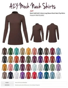 Basic Solid Soft Cotton Long Sleeve Mock Neck Top Shirts - Picture 1 of 38