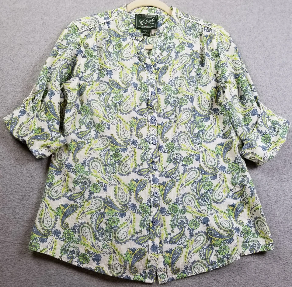 Camisa con botones Woolrich para mujer mediana azul verde floral cachemira manga 3/4 algodón Foto 1 de 4