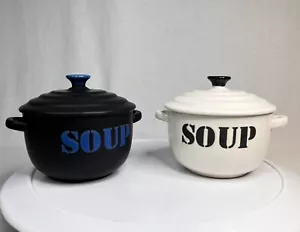 Pair Of Soup Bowls with Lids & Handles, Ceramic Black/Blue And White 5.5” Dia. - Picture 1 of 9