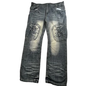 Y2K Attitude Gold Jeans Men 36x32 Blue URBAN HIP-HOP Pants Brooklyn Knee Pockets - Picture 1 of 16