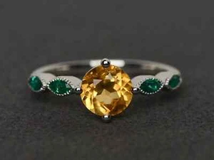 2Ct Round Cut Lab Created Citrine Women's Engagement Ring 14K White Gold Plated - Picture 1 of 4