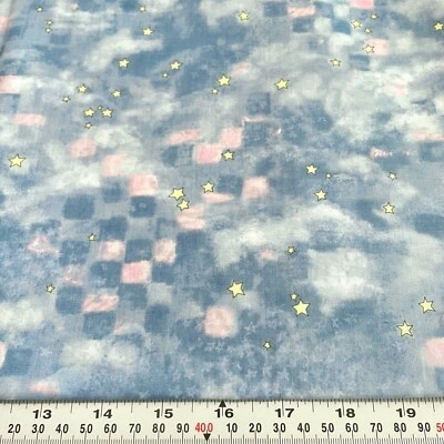 Vintage Hoffman Fabrics Stars on Blue w/Checks Cotton Fabric by the Half Yard - Image 1 of 3