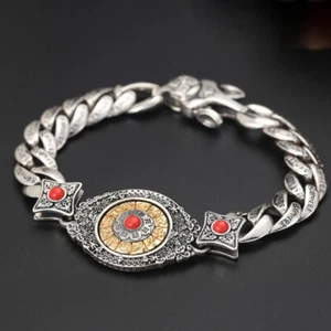Pure 925 Sterling Silver Chain Vajra Six Words Curb Link Bracelet 53-54g 8.26in - Picture 1 of 5