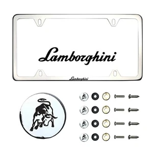 Fit Lamborghini Laser Etching Stainless Steel Chrome Slim License Frame w/Cap - Picture 1 of 8