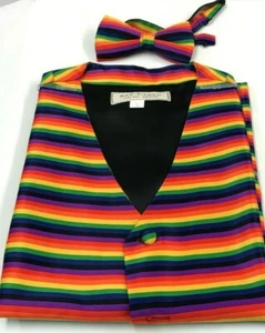 MEN'S RAINBOW DESIGN WAISTCOAT & BOW TIE SET WEDDING PARTIES - Picture 1 of 4