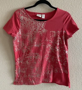 Zenergy By Chico’s Women’s Size 0 Small Tee Orange Shiny Gold Bling Top - Picture 1 of 5